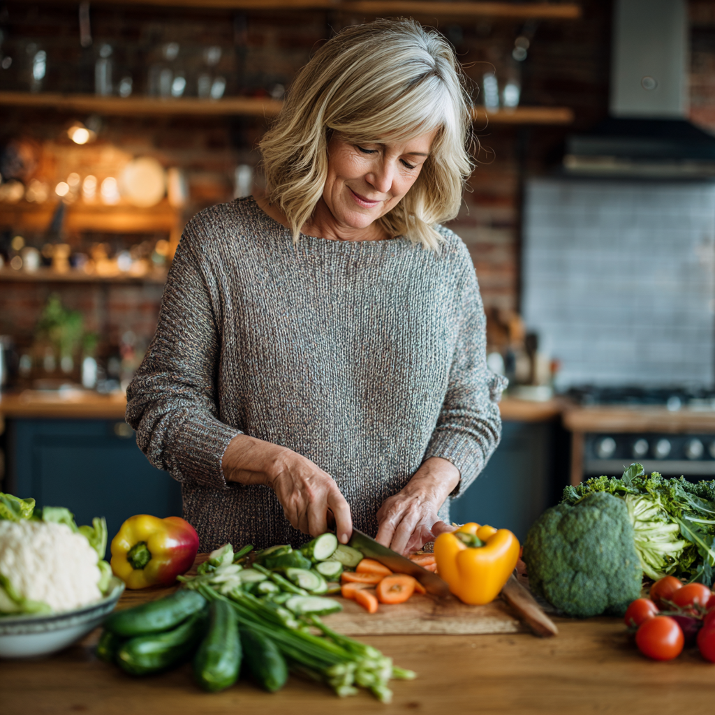 Middle-aged woman preparing healthy vegetables in modern kitchen