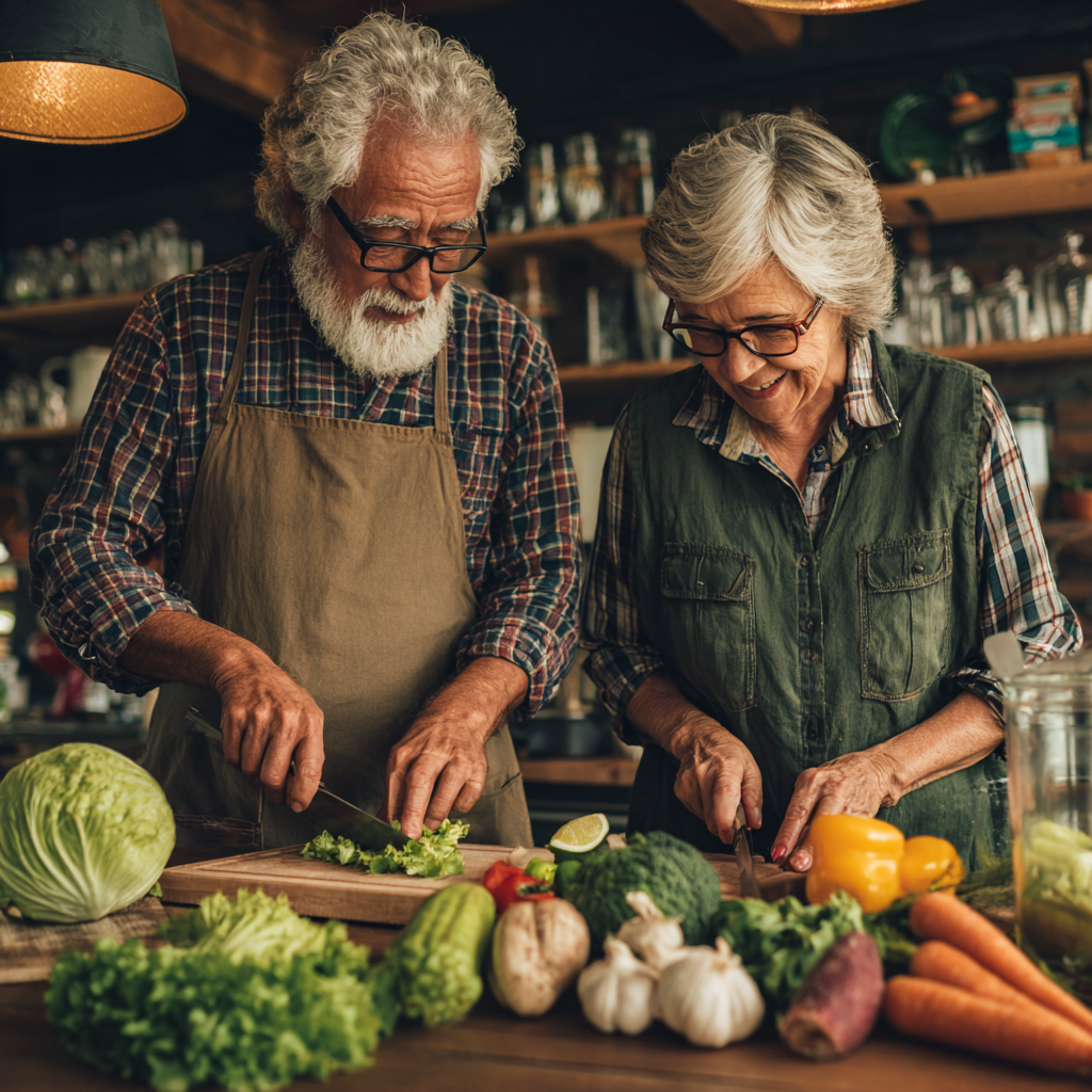 Senior man and woman cooking together with fresh ingredients
